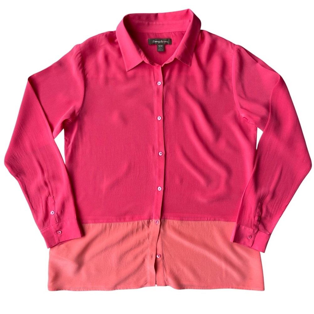 Tommy Bahama 100% Silk Blouse Button Up Size M Color Block Pink and Orange